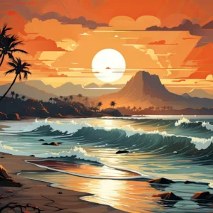 Coucher de soleil tropical avec plage, palmiers et montagnes volcaniques