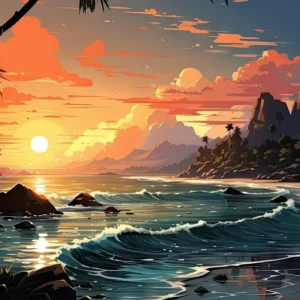 Coucher de Soleil Tropical sur Plage Paradisiaque avec Palmiers