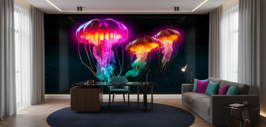 Méduses Bioluminescentes Fantastiques aux Couleurs Électriques et Tentacules Flottantes - Bureau