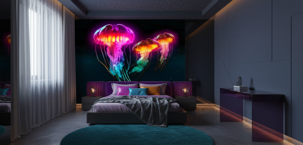 Méduses Bioluminescentes Fantastiques aux Couleurs Électriques et Tentacules Flottantes - Chambre ado