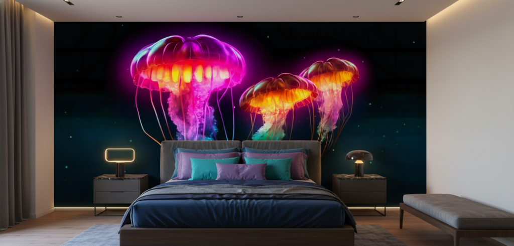 Méduses Bioluminescentes Fantastiques aux Couleurs Électriques et Tentacules Flottantes - Chambre adulte