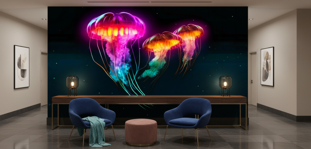 Méduses Bioluminescentes Fantastiques aux Couleurs Électriques et Tentacules Flottantes - Hôtel