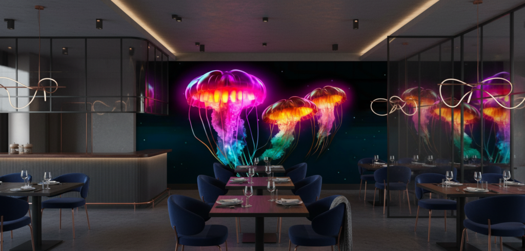 Méduses Bioluminescentes Fantastiques aux Couleurs Électriques et Tentacules Flottantes - Restaurant