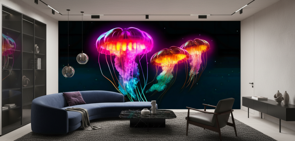 Méduses Bioluminescentes Fantastiques aux Couleurs Électriques et Tentacules Flottantes - Salon / Séjour