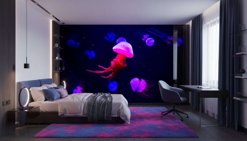 Méduses Luminescentes dans l'Océan Profond Électrique Futuriste - Chambre ado