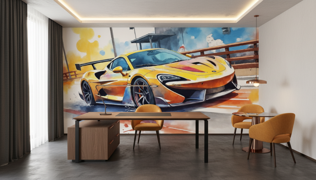 McLaren orange aquarelle sur circuit urbain moderne racing - Bureau