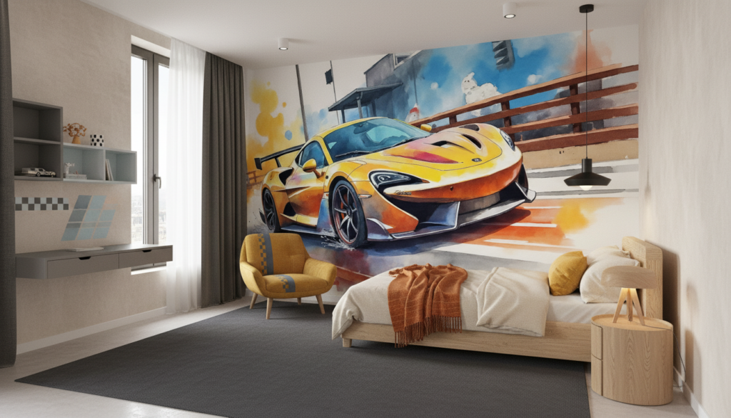 McLaren orange aquarelle sur circuit urbain moderne racing - Chambre enfant