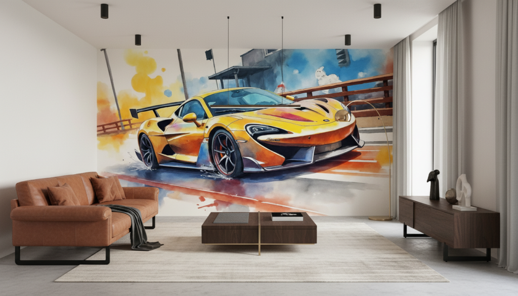 McLaren orange aquarelle sur circuit urbain moderne racing - Salon / Séjour