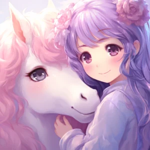 Papier Peint Anime Licorne Rose et Fille aux Cheveux Violets