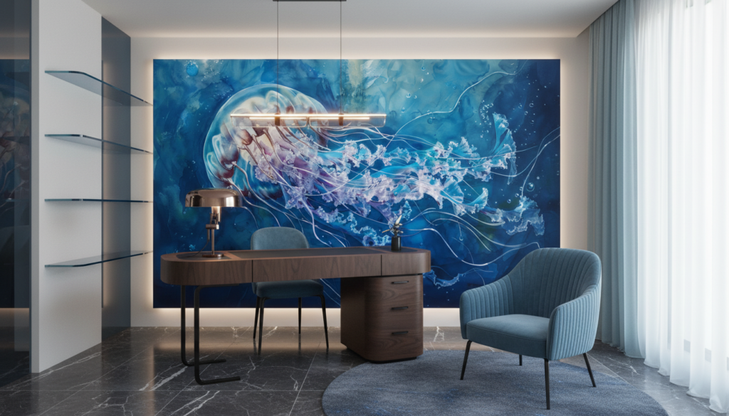 Méduse Translucide aux Tentacules Flottants dans les Profondeurs Océaniques - Bureau