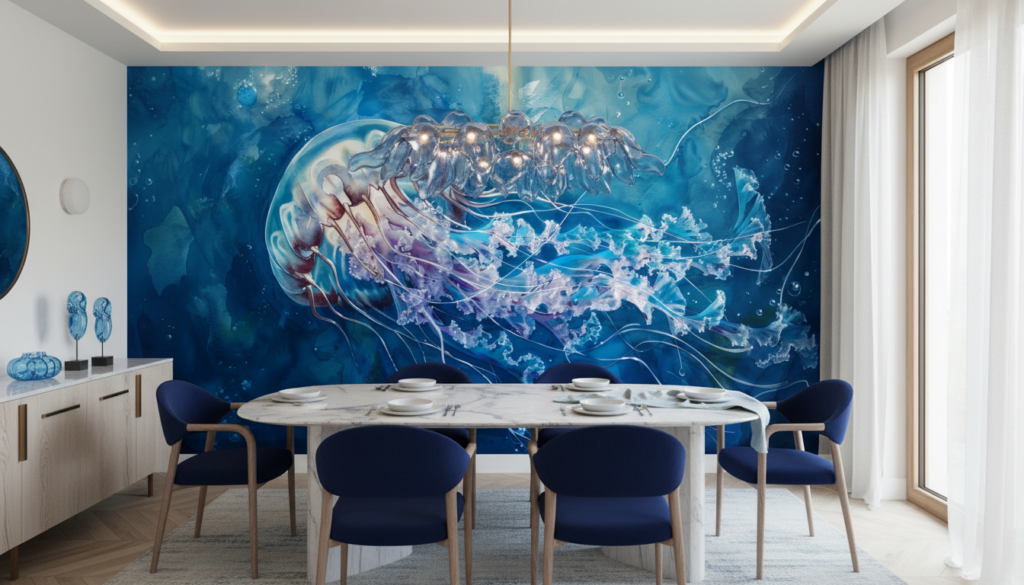 Méduse Translucide aux Tentacules Flottants dans les Profondeurs Océaniques - Salle à manger
