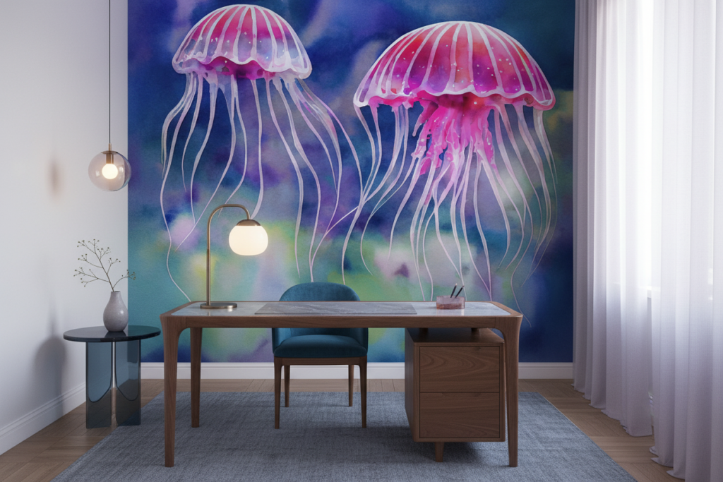 Méduses Roses Élégantes sur Fond Océan Bleu Aquarelle - Bureau