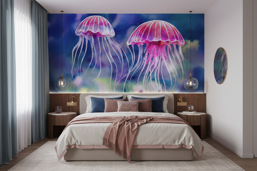 Méduses Roses Élégantes sur Fond Océan Bleu Aquarelle - Chambre adulte