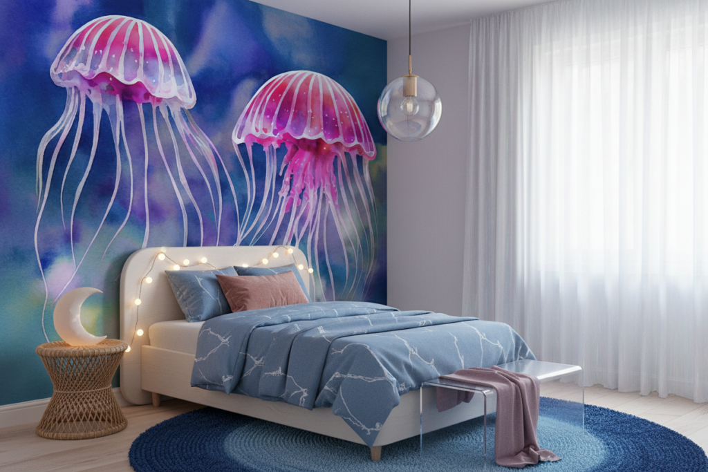 Méduses Roses Élégantes sur Fond Océan Bleu Aquarelle - Chambre enfant