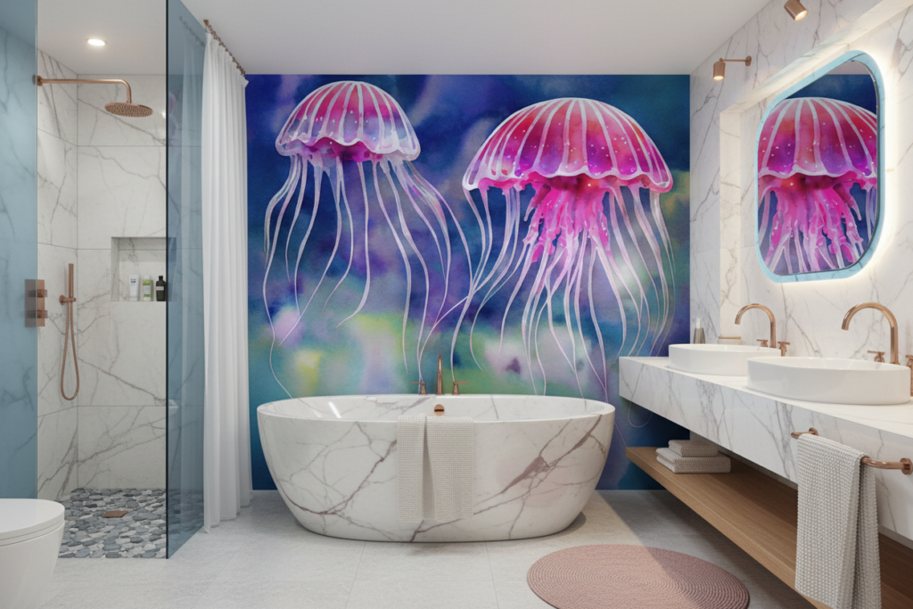 Méduses Roses Élégantes sur Fond Océan Bleu Aquarelle - Salle de bain