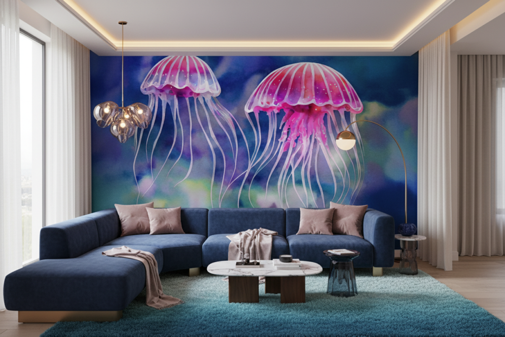 Méduses Roses Élégantes sur Fond Océan Bleu Aquarelle - Salon / Séjour