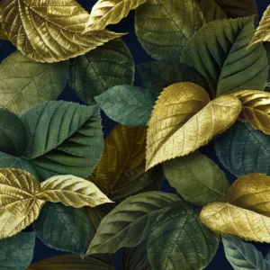 Papier peint feuillage doré et vert sur fond bleu marine