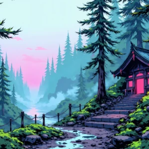 Sanctuaire japonais mystique dans forêt brumeuse au crépuscule rose