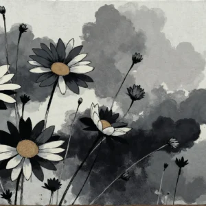 Papier peint floral daisies aquarelle gris blanc style naturel