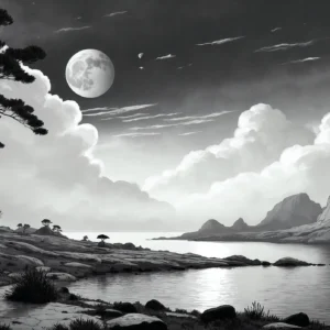 Papier Peint Paysage Lunaire Noir et Blanc Romantique Asiatique