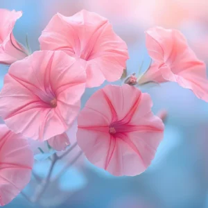 Papier peint fleurs hibiscus roses fond bleu pastel