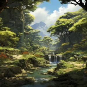 Papier Peint Forêt Enchantée avec Cascade et Montagnes Verdoyantes