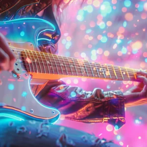 Papier Peint Guitare Électrique Néon Effet Bokeh Musical Moderne