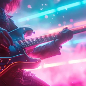 Papier peint guitare électrique néon cyberpunk musicien concert futuriste