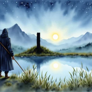 Voyageur mystique contemplant lac montagneux sous ciel étoilé