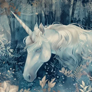 Papier Peint Licorne Mystique dans Forêt Enchantée Bleue