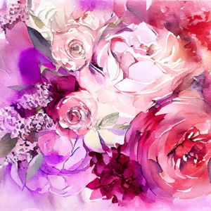 Papier peint floral aquarelle roses et pivoines tons rose violet