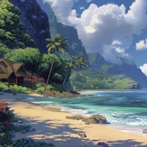 Papier Peint Tropical Paradise avec Plage et Montagnes Verdoyantes