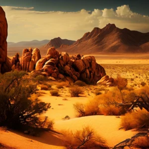 Paysage désertique aux rochers rouges et montagnes dorées