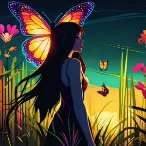 Papier peint fantastique femme papillon jardin tropical coloré