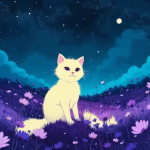 Chaton blanc dans un champ de fleurs violettes sous un ciel étoilé