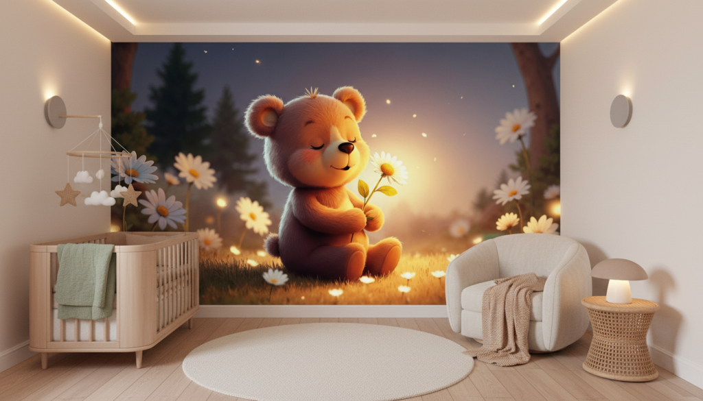 Ourson mignon avec fleur dans paysage féerique au coucher de soleil - Chambre bébé