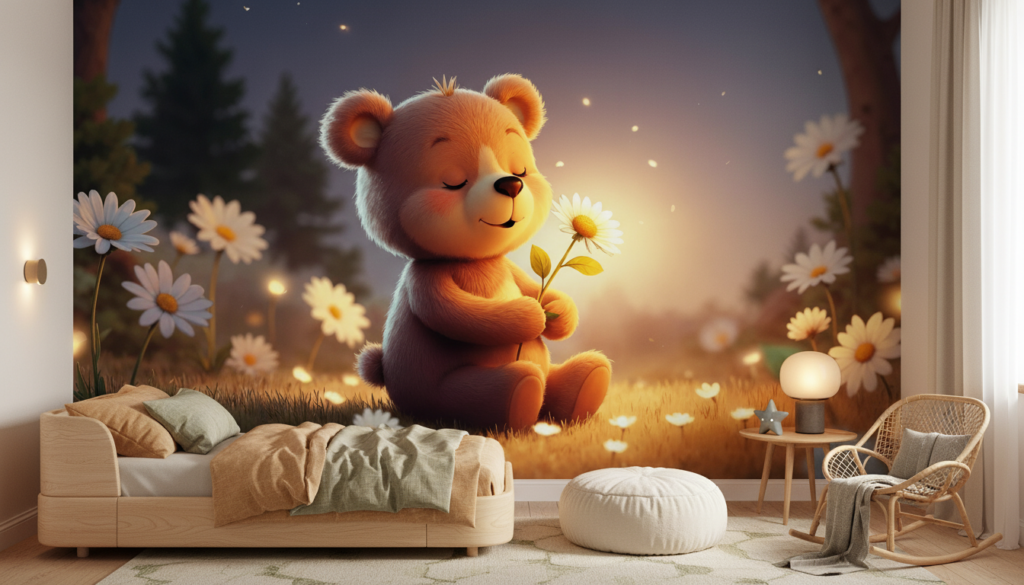 Ourson mignon avec fleur dans paysage féerique au coucher de soleil - Chambre enfant