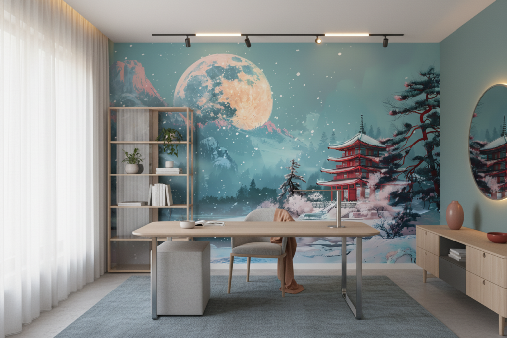Pagode Japonaise sous Lune Dorée dans Paysage Hivernal Mystique - Bureau