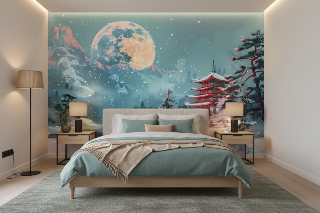 Pagode Japonaise sous Lune Dorée dans Paysage Hivernal Mystique - Chambre adulte