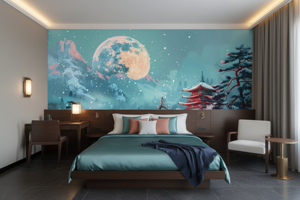 Pagode Japonaise sous Lune Dorée dans Paysage Hivernal Mystique - Hôtel