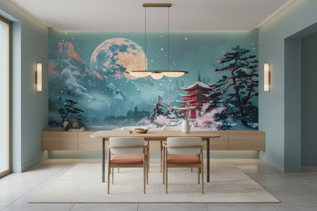 Pagode Japonaise sous Lune Dorée dans Paysage Hivernal Mystique - Salle à manger