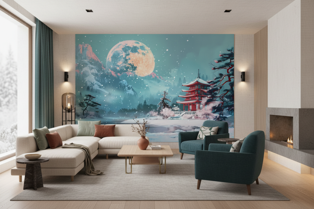 Pagode Japonaise sous Lune Dorée dans Paysage Hivernal Mystique - Salon / Séjour