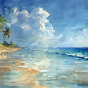 Papier peint aquarelle plage tropicale avec palmiers et océan turquoise