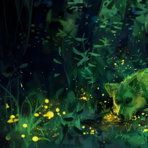 Papier Peint Forêt Enchantée avec Lucioles Dorées Lumineuses Nocturnes