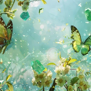 Papier peint féerique avec papillons verts et fleurs blanches enchantées