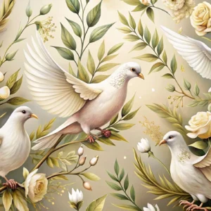 Papier peint colombes blanches et roses crème sur fond naturel doré