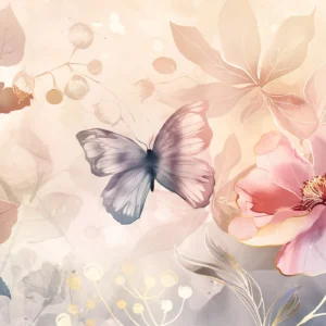 Papier peint aquarelle jardin romantique papillon et fleurs roses