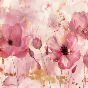 Papier Peint Aquarelle Fleurs Roses avec Touches Dorées