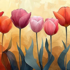 Papier peint tulipes colorées style artistique fond doré vintage