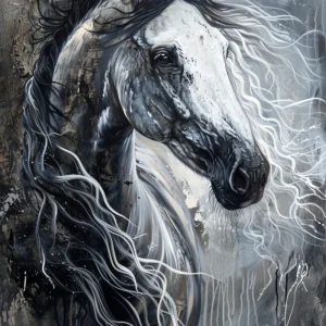Cheval Majestueux Noir et Blanc Crinière Fluide Artistique